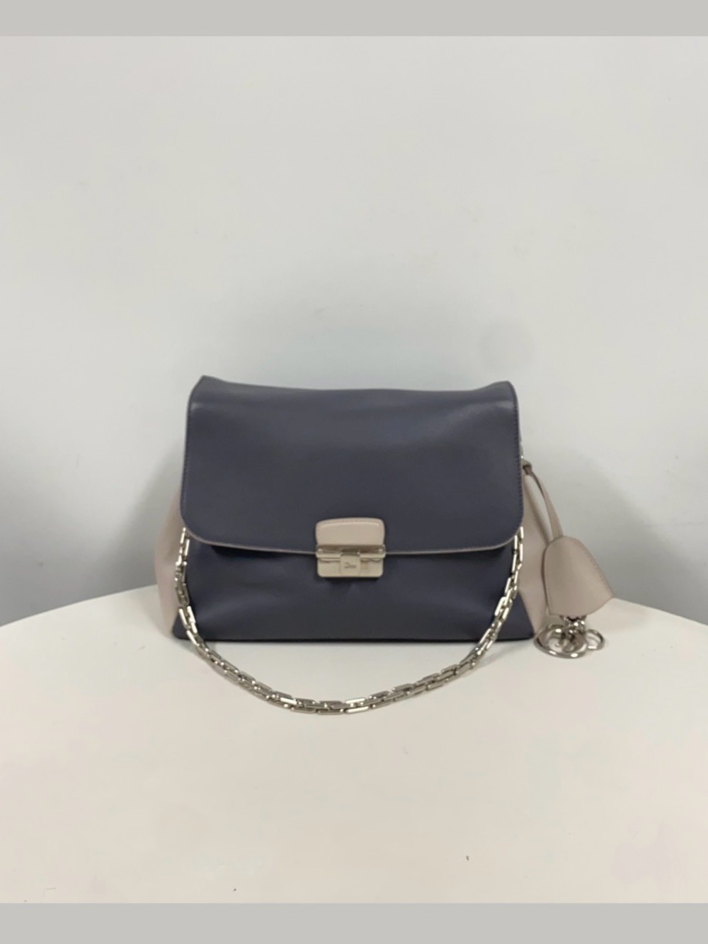 Dior Slate Blue Leather Shoulder Bag with Cream Accents and Silver Chain